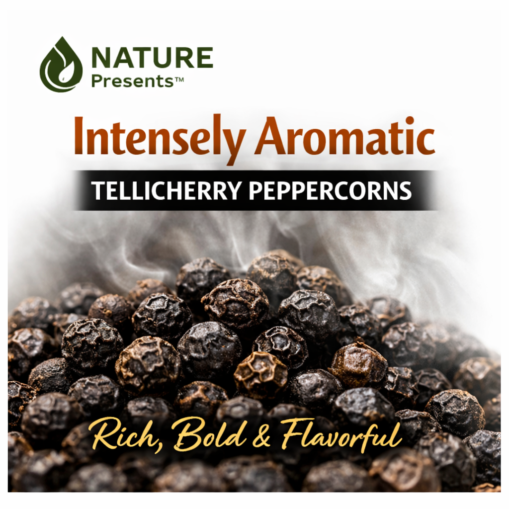Freshly cracked Tellicherry peppercorns releasing their aroma