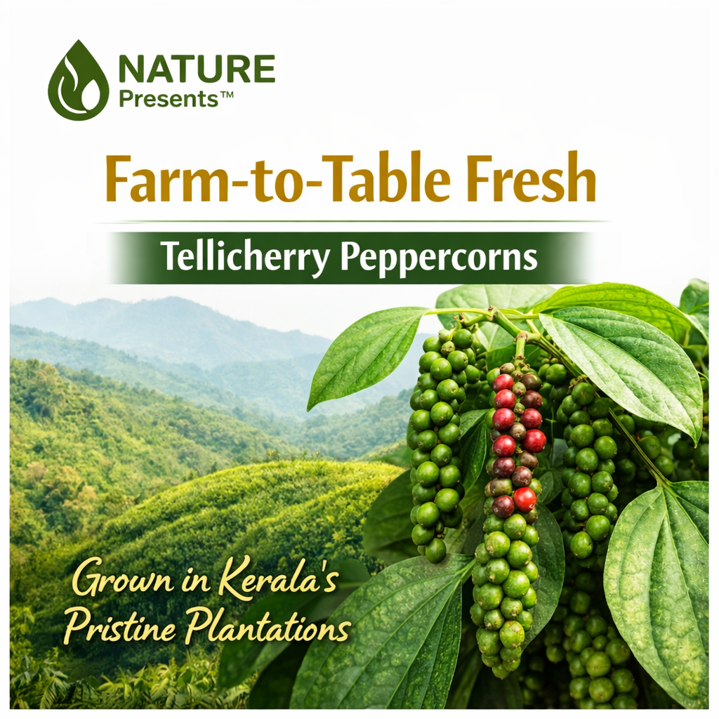 Nature Presents Tellicherry peppercorn vines, ripening from green to red, grown in Kerala's plantations