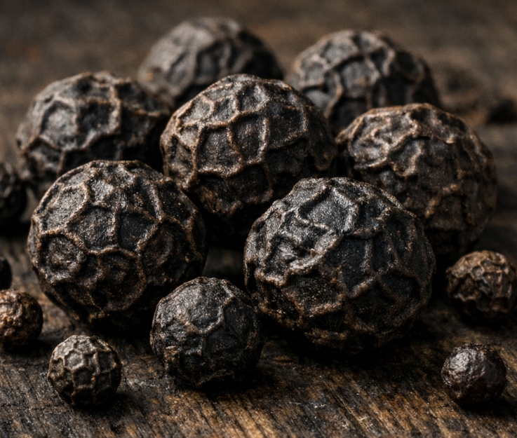 Close-up of whole TGSEB Tellicherry peppercorns