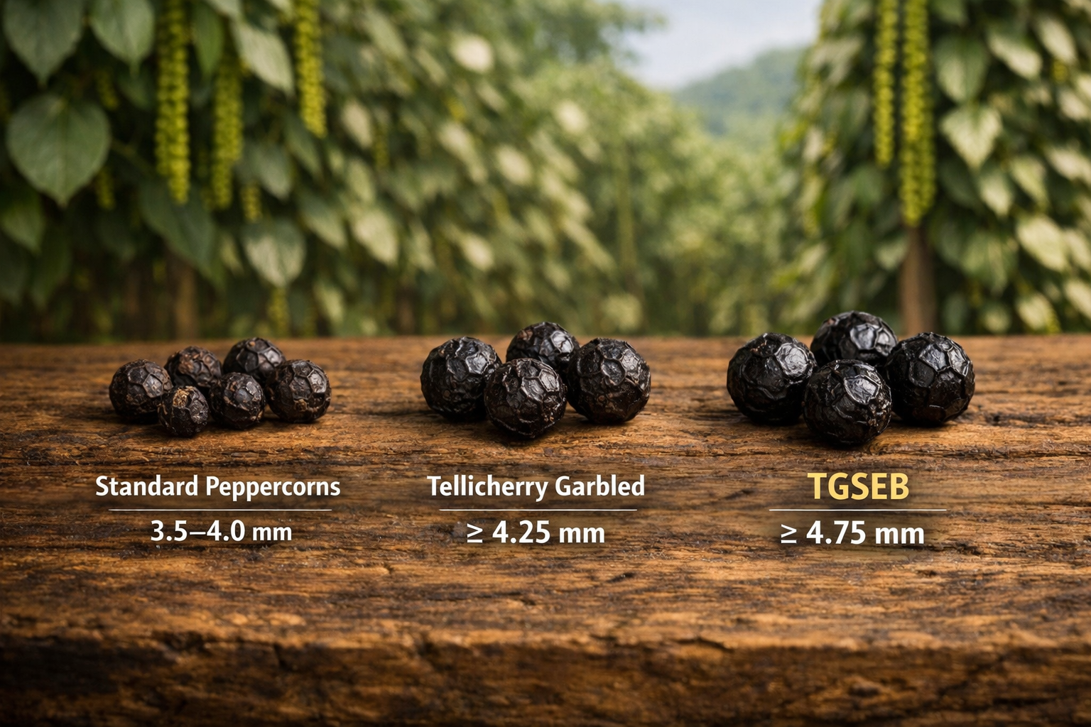 Side-by-side size comparison: standard peppercorns, Tellicherry Garbled, and TGSEB